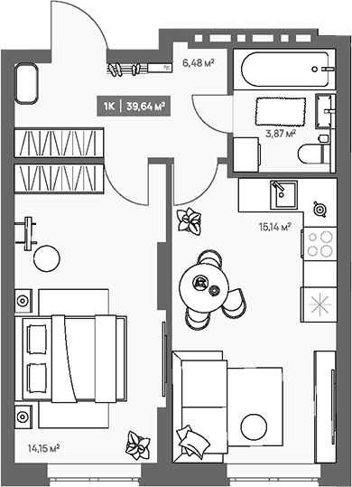 Планировка 1-к.кв 39.64 м² в ЖК «НОВА. Кемерово»