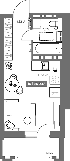 Планировка студии 24.07 м² в ЖК «НОВА. Кемерово»