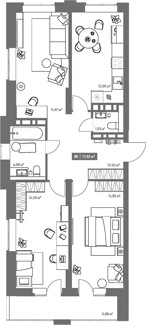Планировка 3-к.кв 74.48 м² в ЖК «НОВА. Кемерово»