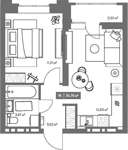 Планировка 1-к.кв 33.49 м² в ЖК «НОВА. Кемерово»