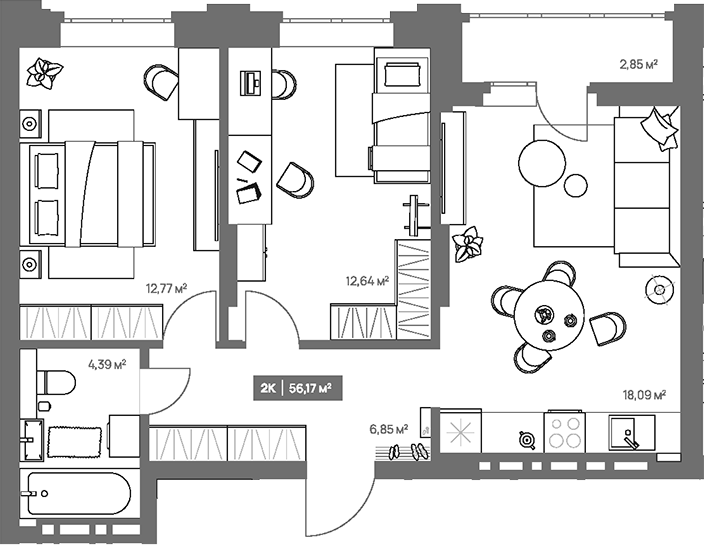 Планировка 2-к.кв 54.74 м² в ЖК «НОВА. Кемерово»