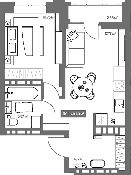 Планировка 1-к.кв 37.53 м² в ЖК «НОВА. Кемерово»
