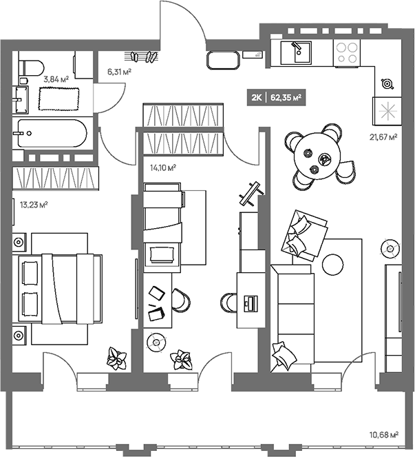 Планировка 2-к.кв 59.15 м² в ЖК «НОВА. Кемерово»