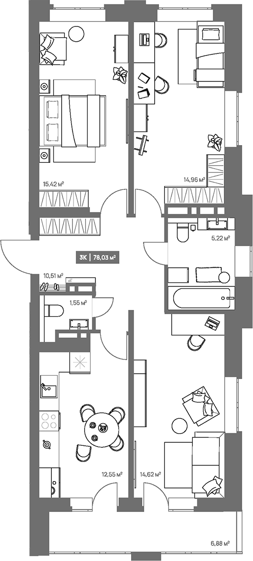Планировка 3-к.кв 74.59 м² в ЖК «НОВА. Кемерово»