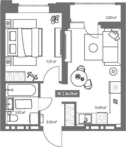 Планировка 1-к.кв 33.49 м² в ЖК «НОВА. Кемерово»