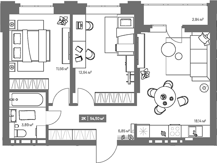 Планировка 2-к.кв 53.08 м² в ЖК «НОВА. Кемерово»