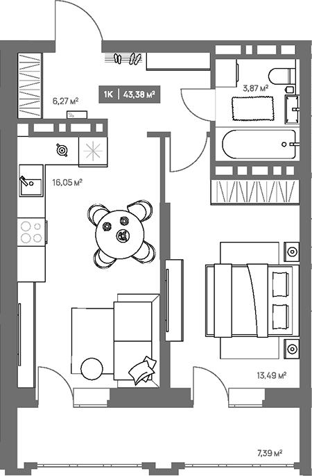 Планировка 1-к.кв 39.68 м² в ЖК «НОВА. Кемерово»