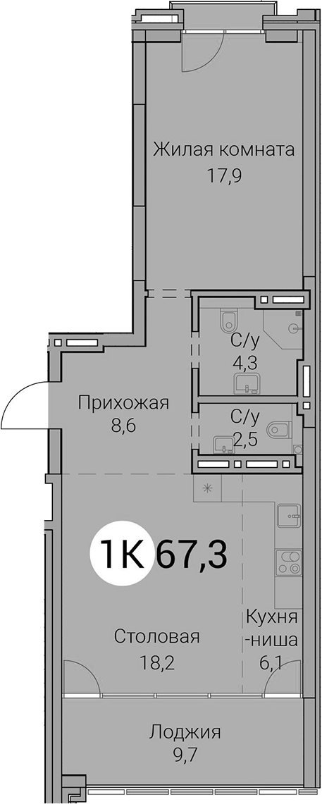 Планировка 2е-к.кв 57.60 м² в ЖК «Тайм Сквер»