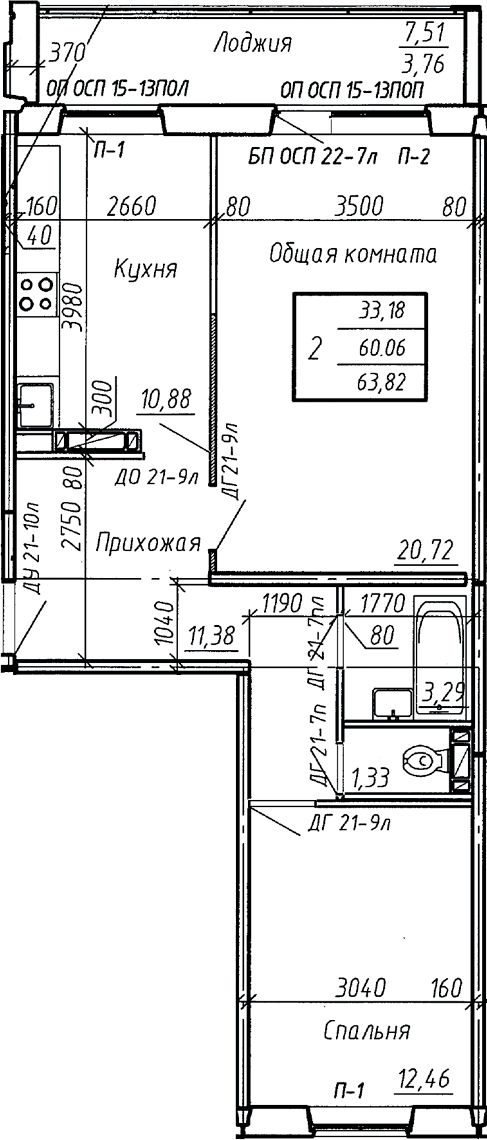 Планировка 2-к.кв 60.06 м² в ЖК «Аквамарин»