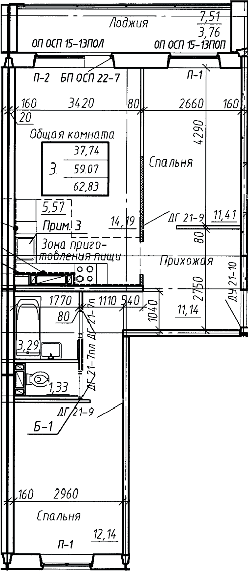 Планировка 3е-к.кв 59.07 м² в ЖК «Аквамарин»