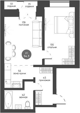 Планировка 2е-к.кв 53.05 м² в ЖК «Белозерский. Томск»