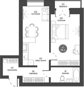 Планировка 2е-к.кв 55.71 м² в ЖК «Белозерский. Томск»