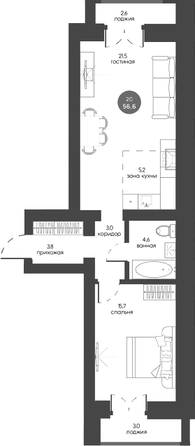 Планировка 2е-к.кв 53.80 м² в ЖК «Белозерский. Томск»