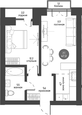 Планировка 2е-к.кв 45.74 м² в ЖК «Белозерский. Томск»