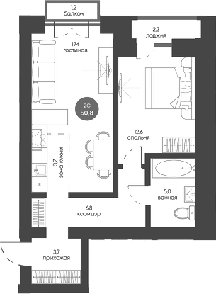 Планировка 2е-к.кв 49.29 м² в ЖК «Белозерский. Томск»