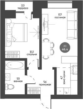 Планировка 2е-к.кв 45.71 м² в ЖК «Белозерский. Томск»