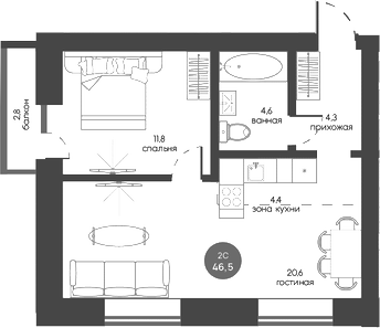 Планировка 2е-к.кв 45.70 м² в ЖК «Белозерский. Томск»
