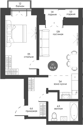 Планировка 2е-к.кв 53.34 м² в ЖК «Белозерский. Томск»