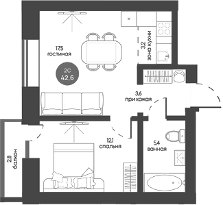 Планировка 2е-к.кв 41.80 м² в ЖК «Белозерский. Томск»
