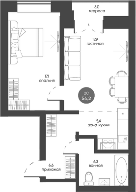 Планировка 2е-к.кв 53.30 м² в ЖК «Белозерский. Томск»