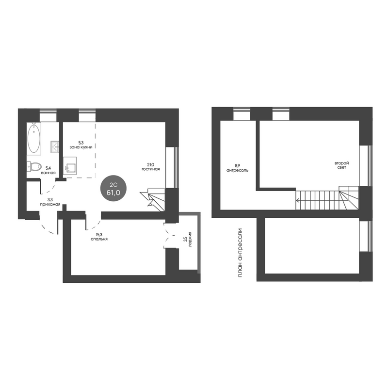 Планировка 2е-к.кв 59.25 м² в ЖК «Белозерский. Томск»