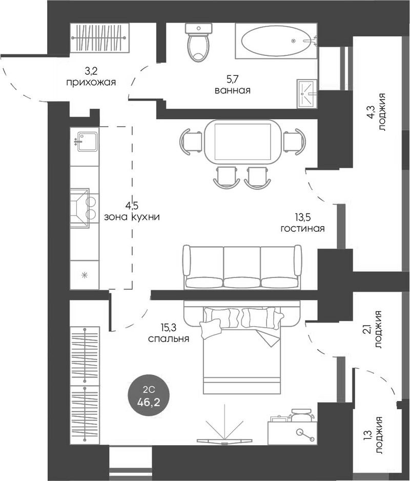 Планировка 2е-к.кв 42.35 м² в ЖК «Белозерский. Томск»