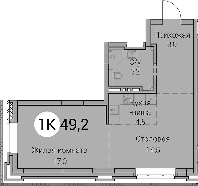 Планировка 2е-к.кв 49.20 м² в ЖК «Тайм Сквер»
