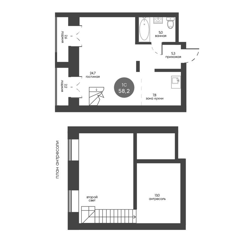 Планировка студии 55.80 м² в ЖК «Белозерский. Томск»