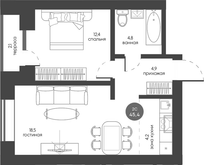 Планировка 2е-к.кв 44.35 м² в ЖК «Белозерский. Томск»