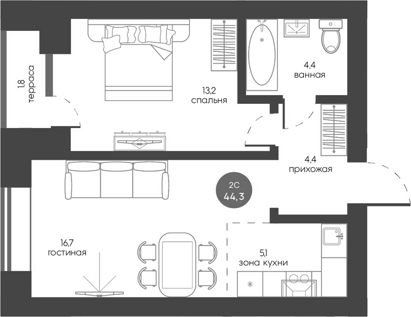 Планировка 2е-к.кв 43.40 м² в ЖК «Белозерский. Томск»