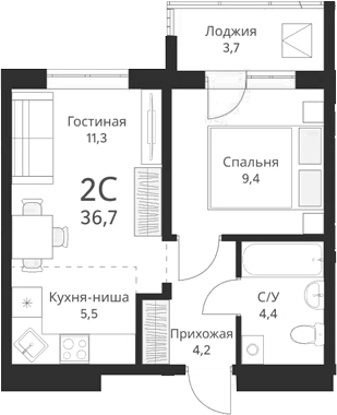 Планировка 2е-к.кв 34.85 м² в ЖК «Виноград»