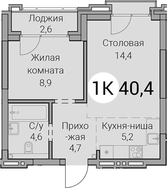 Планировка 2е-к.кв 37.80 м² в ЖК «Тайм Сквер»