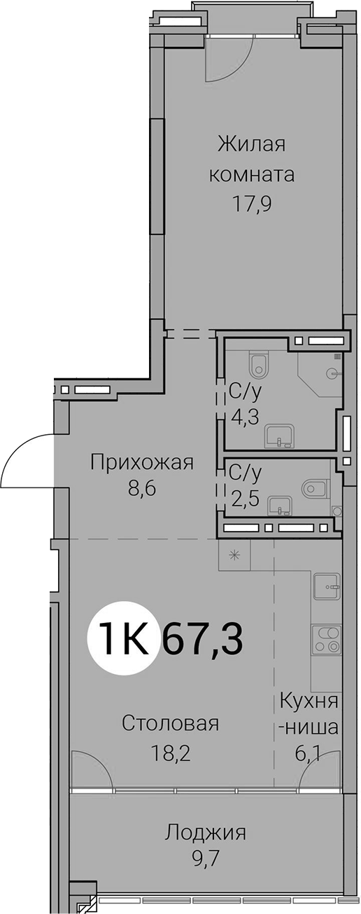 Планировка 2е-к.кв 57.60 м² в ЖК «Тайм Сквер»