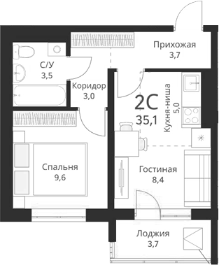 Планировка 2е-к.кв 33.25 м² в ЖК «Виноград»
