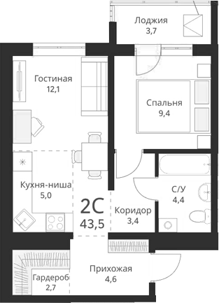 Планировка 2е-к.кв 41.65 м² в ЖК «Виноград»