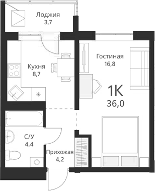 Планировка 1-к.кв 34.15 м² в ЖК «Виноград»