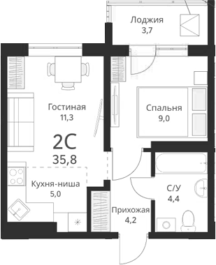 Планировка 2е-к.кв 33.95 м² в ЖК «Виноград»