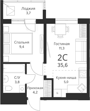 Планировка 2е-к.кв 33.75 м² в ЖК «Виноград»