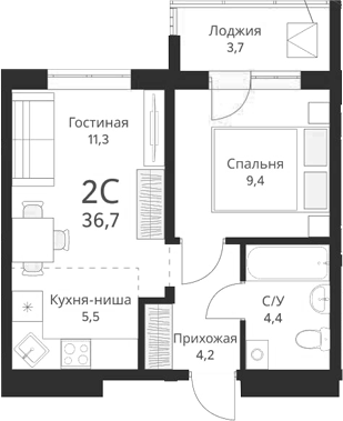 Планировка 2е-к.кв 34.85 м² в ЖК «Виноград»