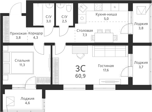 Планировка 3е-к.кв 54.85 м² в ЖК «Виноград»