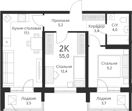 Планировка 2-к.кв 51.40 м² в ЖК «Виноград»