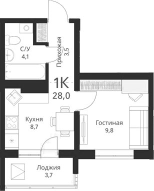 Планировка 1-к.кв 26.15 м² в ЖК «Виноград»