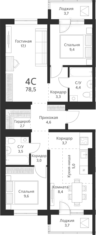 Планировка 4е-к.кв 74.80 м² в ЖК «Виноград»
