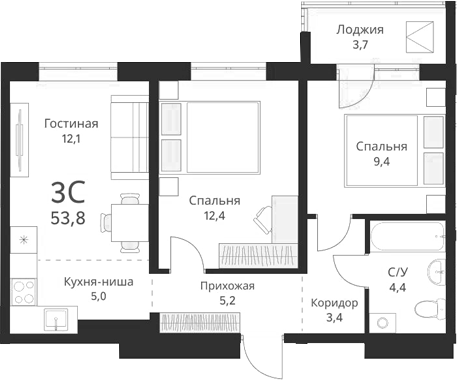 Планировка 3е-к.кв 51.95 м² в ЖК «Виноград»