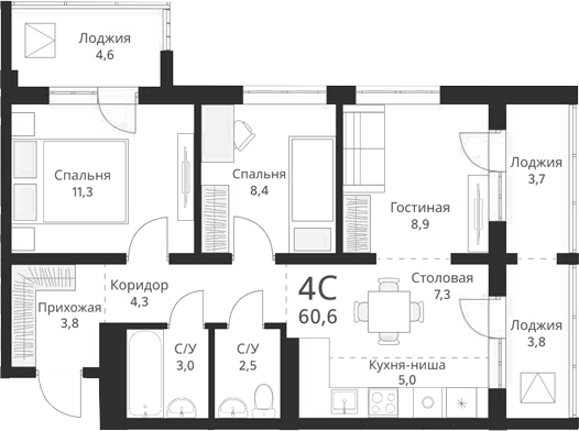 Планировка 4е-к.кв 54.55 м² в ЖК «Виноград»