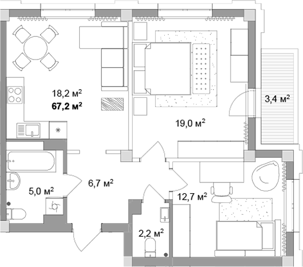 Планировка 3е-к.кв 63.80 м² в ЖК «Мегаполис»