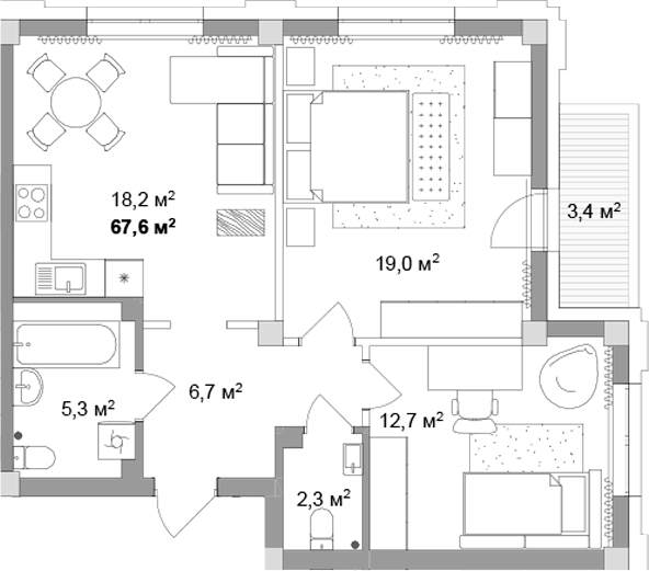 Планировка 3е-к.кв 64.20 м² в ЖК «Мегаполис»