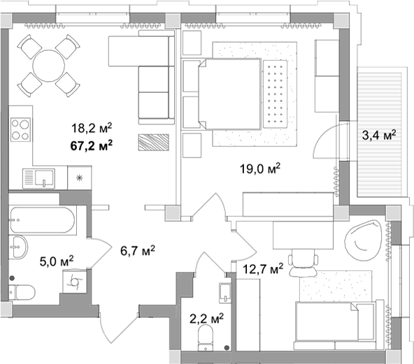 Планировка 3е-к.кв 63.80 м² в ЖК «Мегаполис»