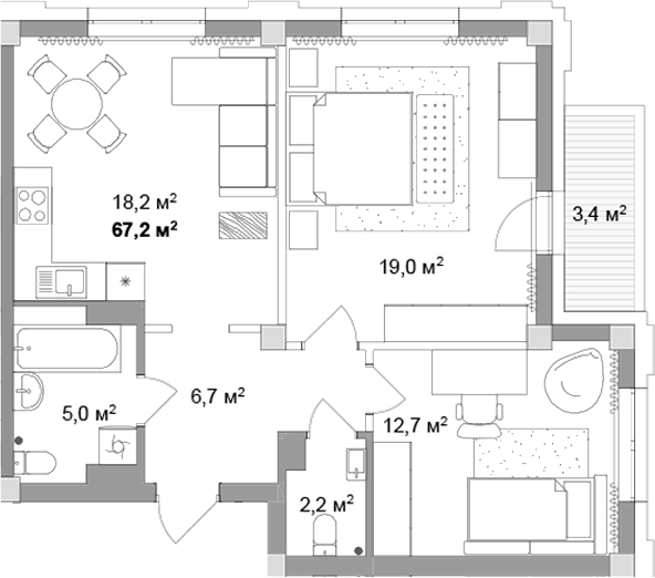 Планировка 3е-к.кв 63.80 м² в ЖК «Мегаполис»