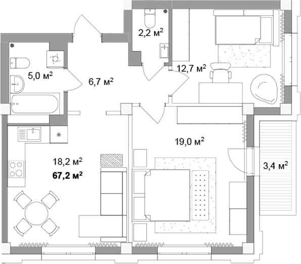 Планировка 3е-к.кв 63.80 м² в ЖК «Мегаполис»